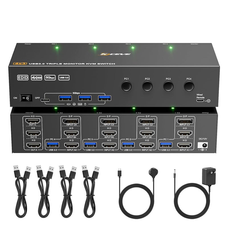 MLEEDA KVM Switch 3 Monitors 4 Computers 4K@60Hz,EDID Simulation,USB 3.0 HDMI Displayport KVM Switch Triple Monitor for 4 PC Share 3 Monitors and Keyboard Mouse Printer,with Wired Remote and 4 USB Cables - Image 1